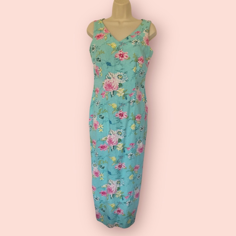 MAX & LILY Linen Turquoise Floral Maxi Dress Size 6 Medium Hawaiian Spring